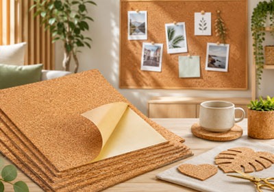 Large cork roll unrolled on a wooden floor showing natural texture