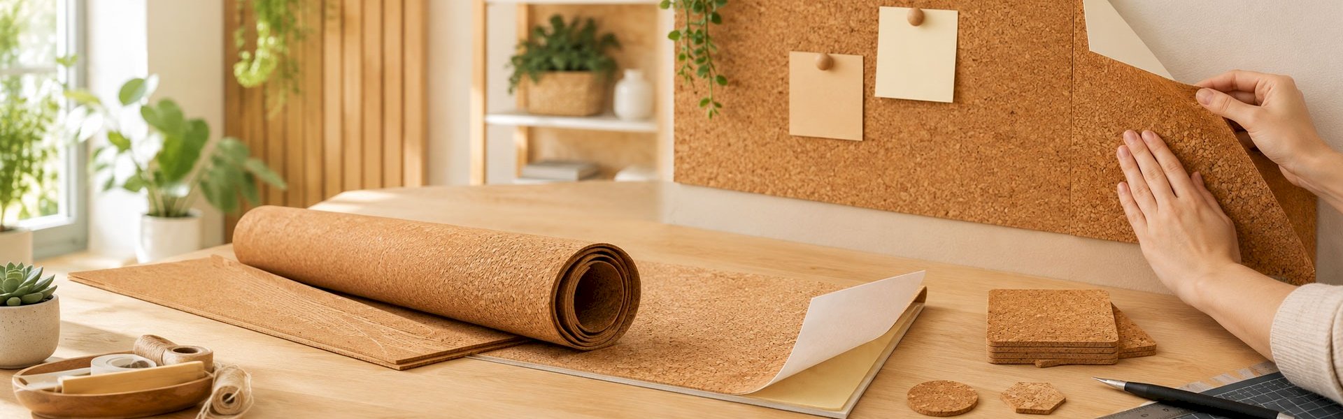 Applying self-adhesive cork roll sheets to a wall notice board