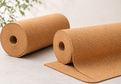 Two natural cork sheets rolled up on a light background.