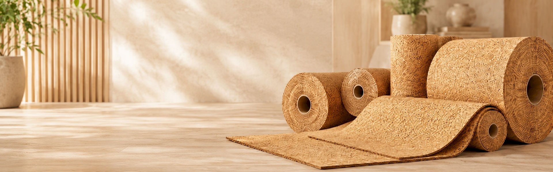 Multiple rolls of natural cork underlayment on a wooden floor.